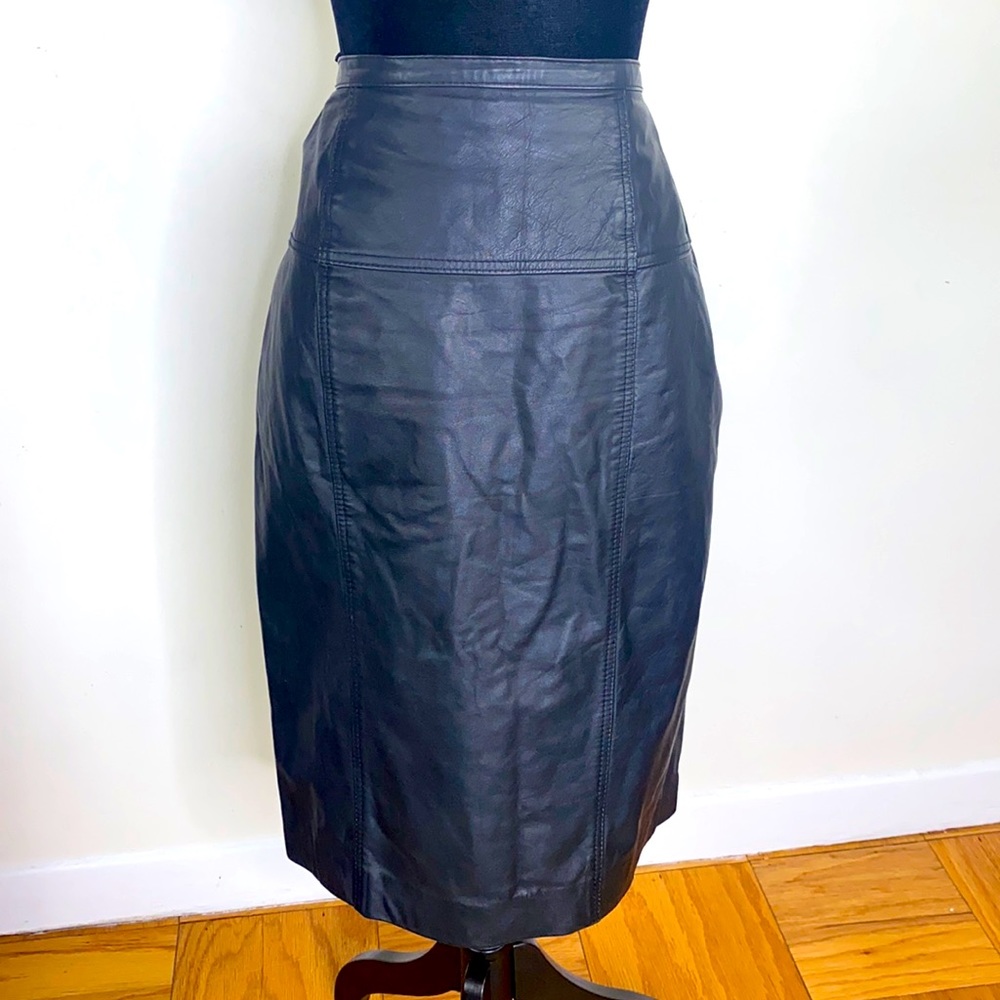 Vintage Chaus Leather MIDI Retro Black Pencil Skirt Size 10